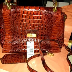Brahmin Brown Crocodile-Embossed Satchel with Gold Hardware